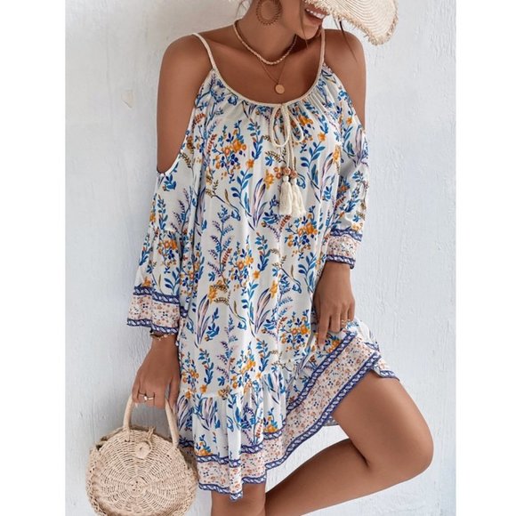 Floral Print Cold Shoulder Tassel Trim Ruffle Hem Dress - Picture 3 of 6